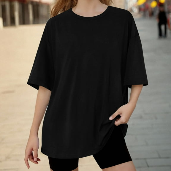 Mwjwdo Girls Oversized Summer T Shirts Fashion Workout Children's Plus Size Tops Short Sleeve Beach Vacation Gym Clothes 2025 Black 12-13Years