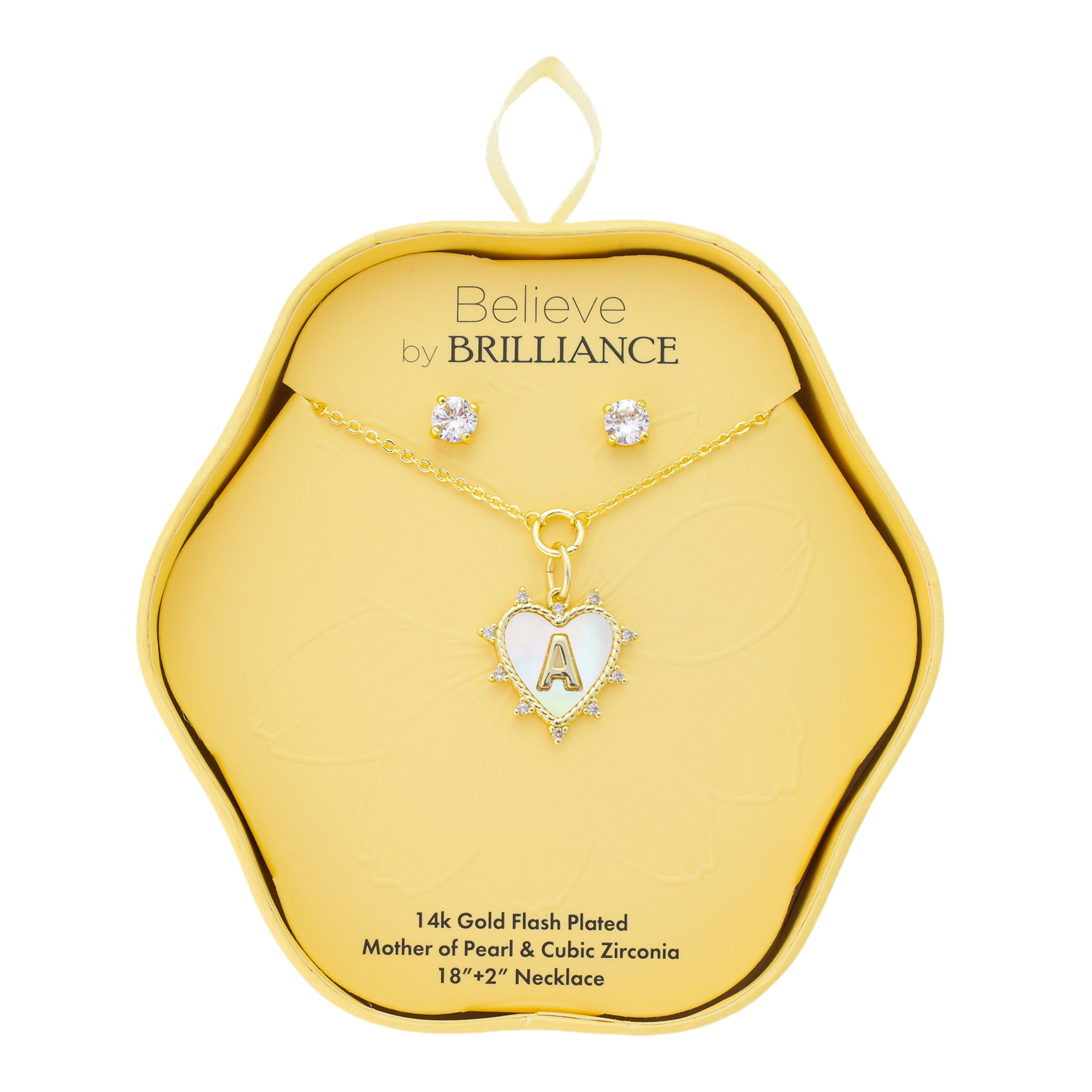 Believe by Brilliance Women's 14Kt Gold Flash Plated Mother of Pearl and Cubic Zirconia Heart "A" Necklace and Earring Set
