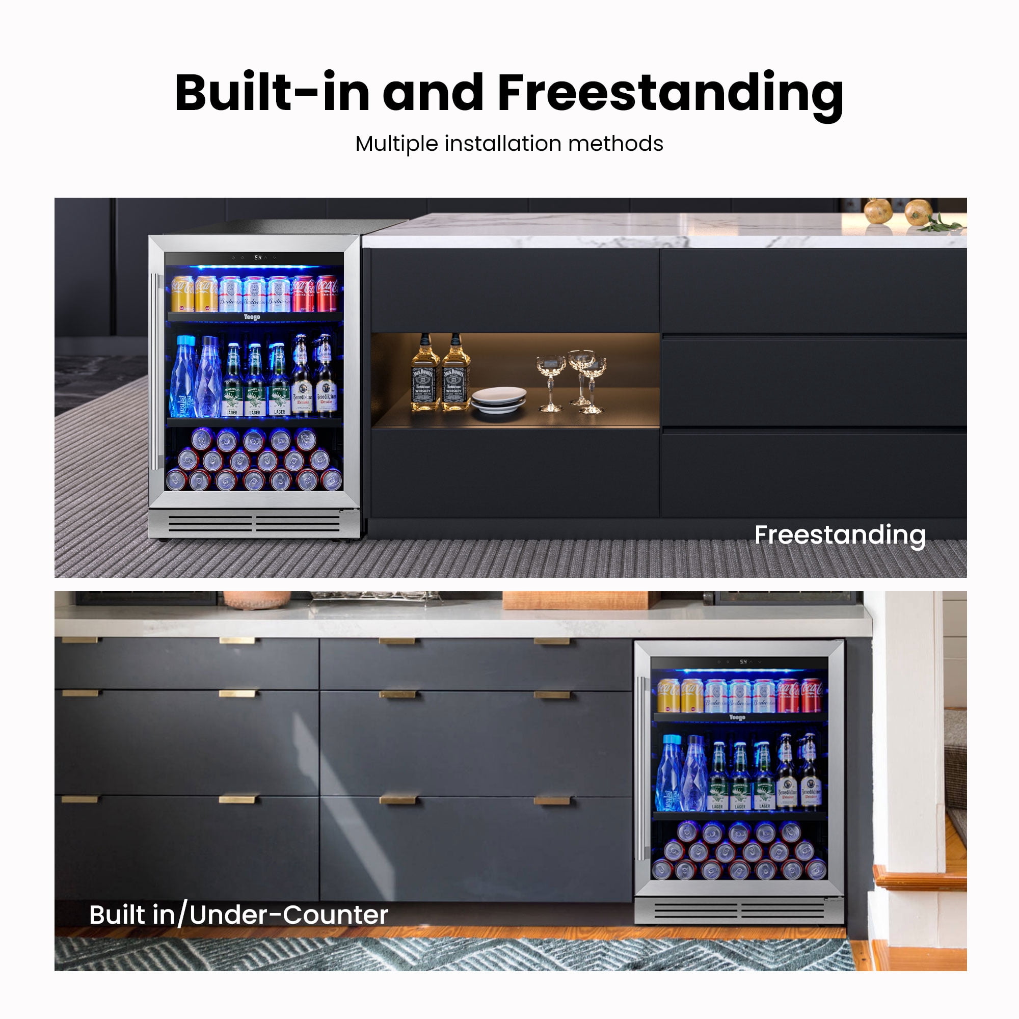 Yeego 24 Inch 180 Cans Beverage Refrigerator Cooler, Double Layer Glass Door, Built-in/Freestanding for Beer Soda Water, Right Hinge