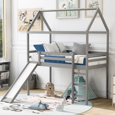 Twin Size House Shaped Loft Bed Frame /No Box Spring Needed with Ladder and Slide for Kids /Boys or Girls Platform  Gray