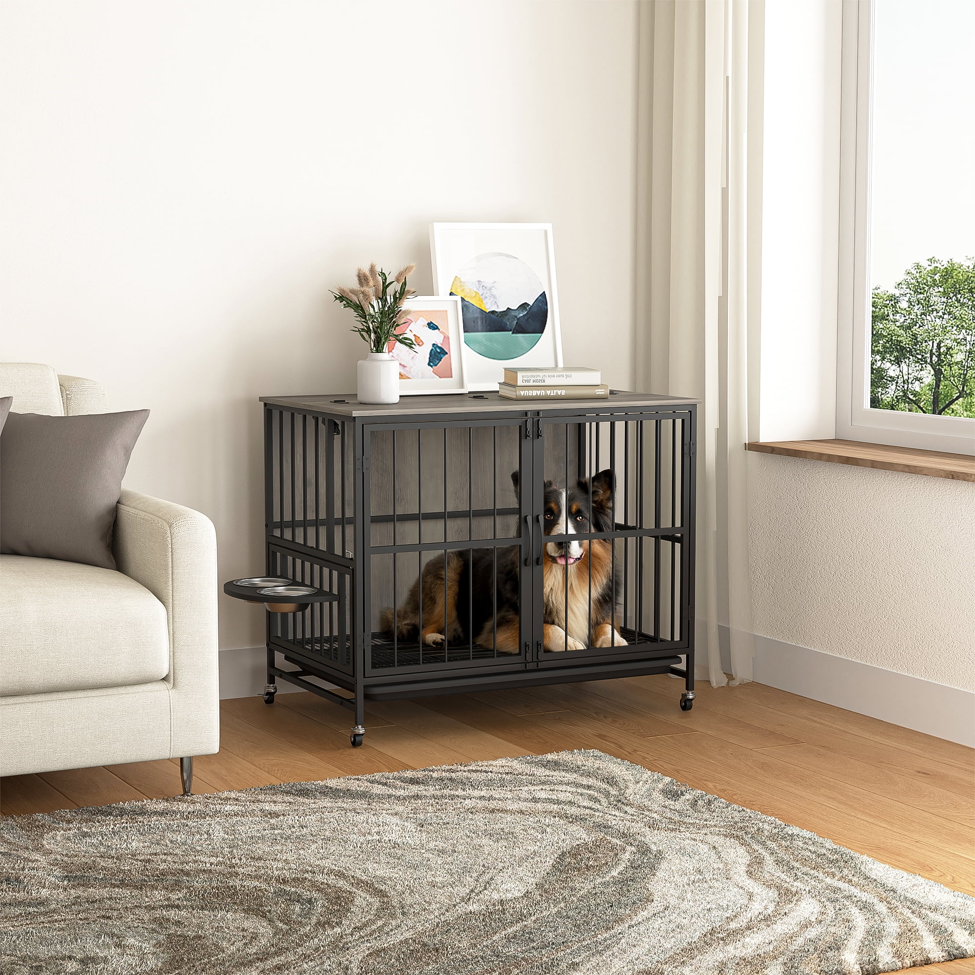 Kadyn 37" Dog Crate with Feeding Bowl, Wheels, Flip-Up Top Opening Kennel with Trays, Furniture Style Dog Cage for Indoor Dogs, Gray