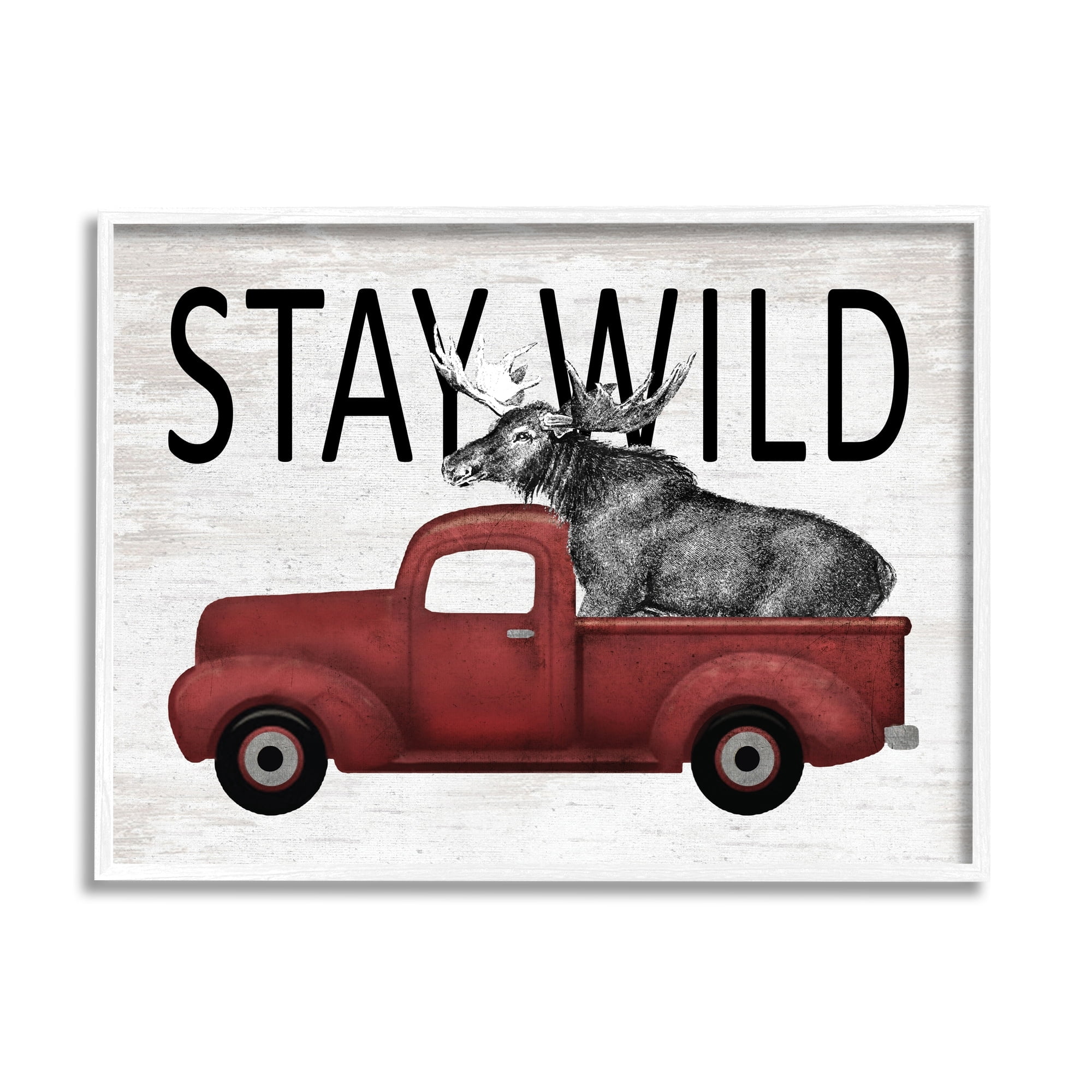 Stupell Industries Stay Wild Moose Antique Red Pickup Truck Graphic Art White Framed Art Print Wall Art, Design by Lettered and Lined
