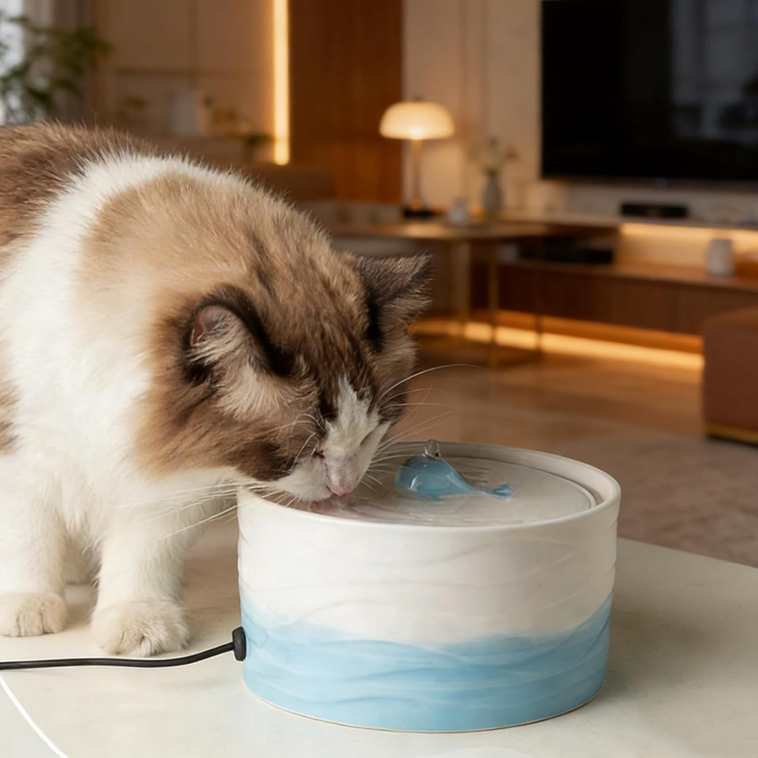Ceramic Cat Water Fountain - Blue White Gradient 1300ml (45oz) Large Capacity Whale Design Pet Water Dispenser with Filter Automatic Circulation Quiet Pump for Cats and Small Dogs