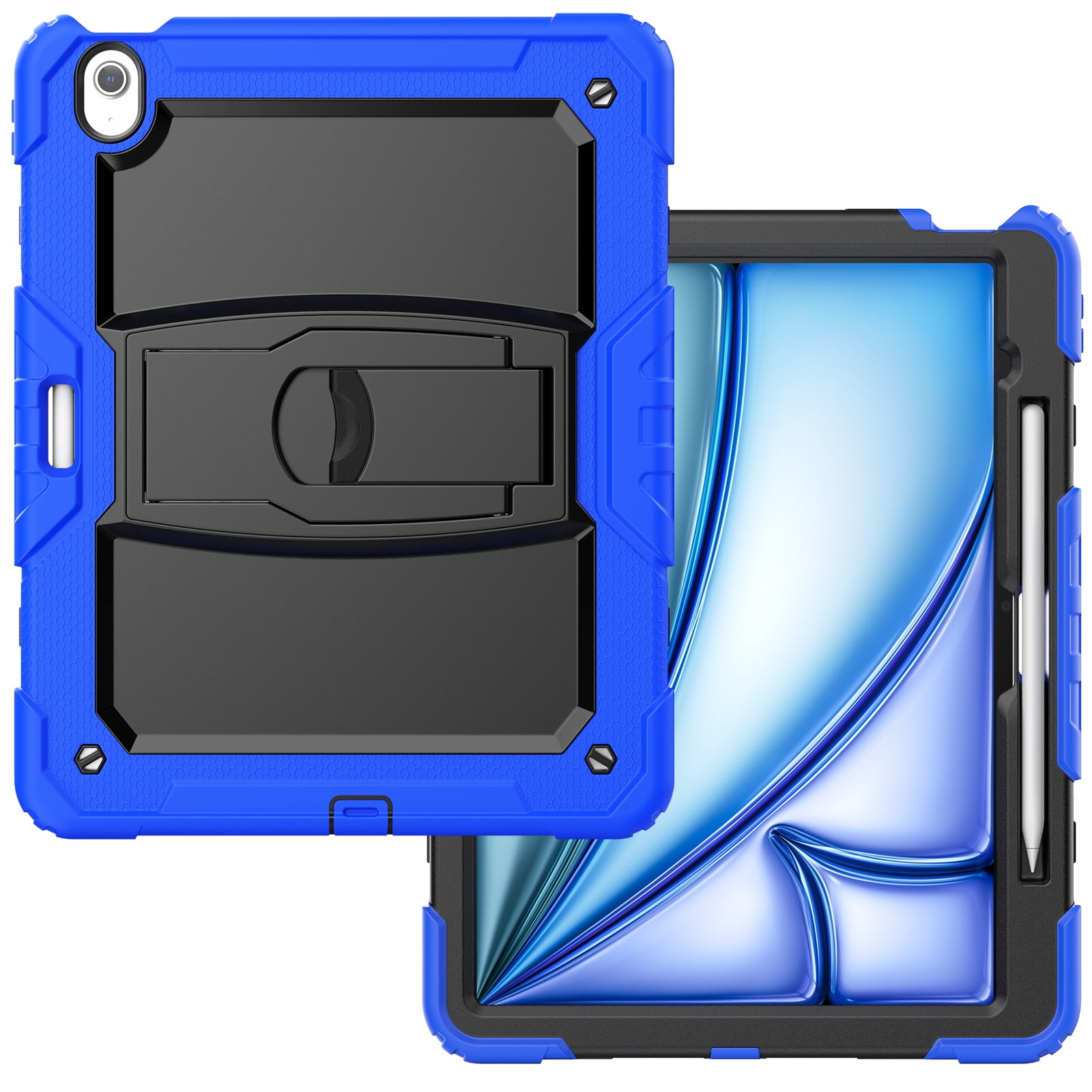 Rugged Case For Apple iPad Air 13 (2024) – 3-Layer Protection Shockproof Stand Cover with Screen Protector, Adjustable Stand, Shoulder Strap, & Pencil Holder -- Darkblue