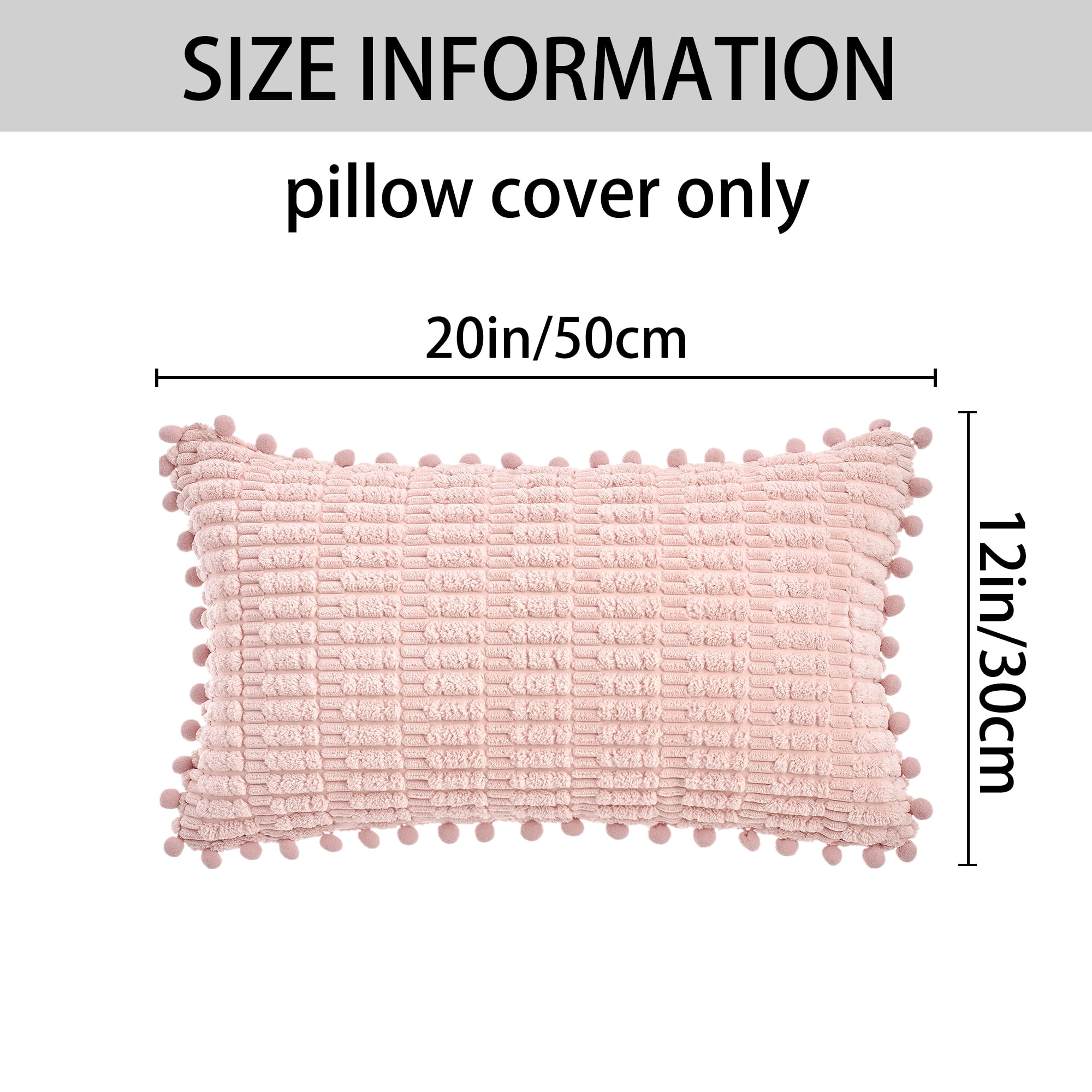 Unique Bargains Set of 2 Corduroy Throw Pillow Covers with Pom-pom Edges 20" x 12" Pink