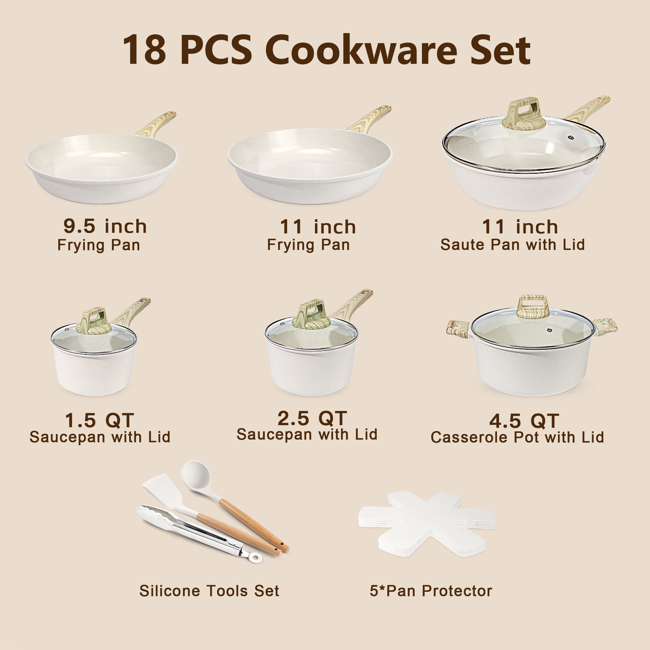 GIPP 18 Piece Kitchen Ceramic Cookware Sets with 11inch Frying Pan,Pots and Pans Set Non stick ,Dishwasher Safe Induction Compatible, Kitchen Cooking Set