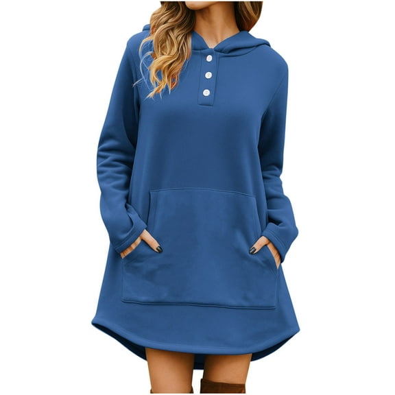ZQGJB Tunic Hoodie Tops for Women Long Sleeve Casual Fall Winter Quarter Button up Hooded Sweatshirt Lightweight Loose Irreugular Hem Oversize Comfy Pullover Tops with Pockets Blue S