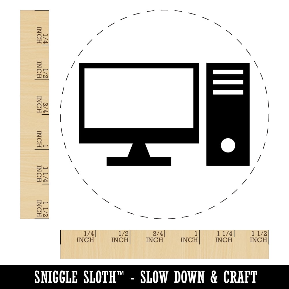 Desktop Computer Icon Self-Inking Rubber Stamp Ink Stamper - Blue Ink - Large 1-1/2 Inch
