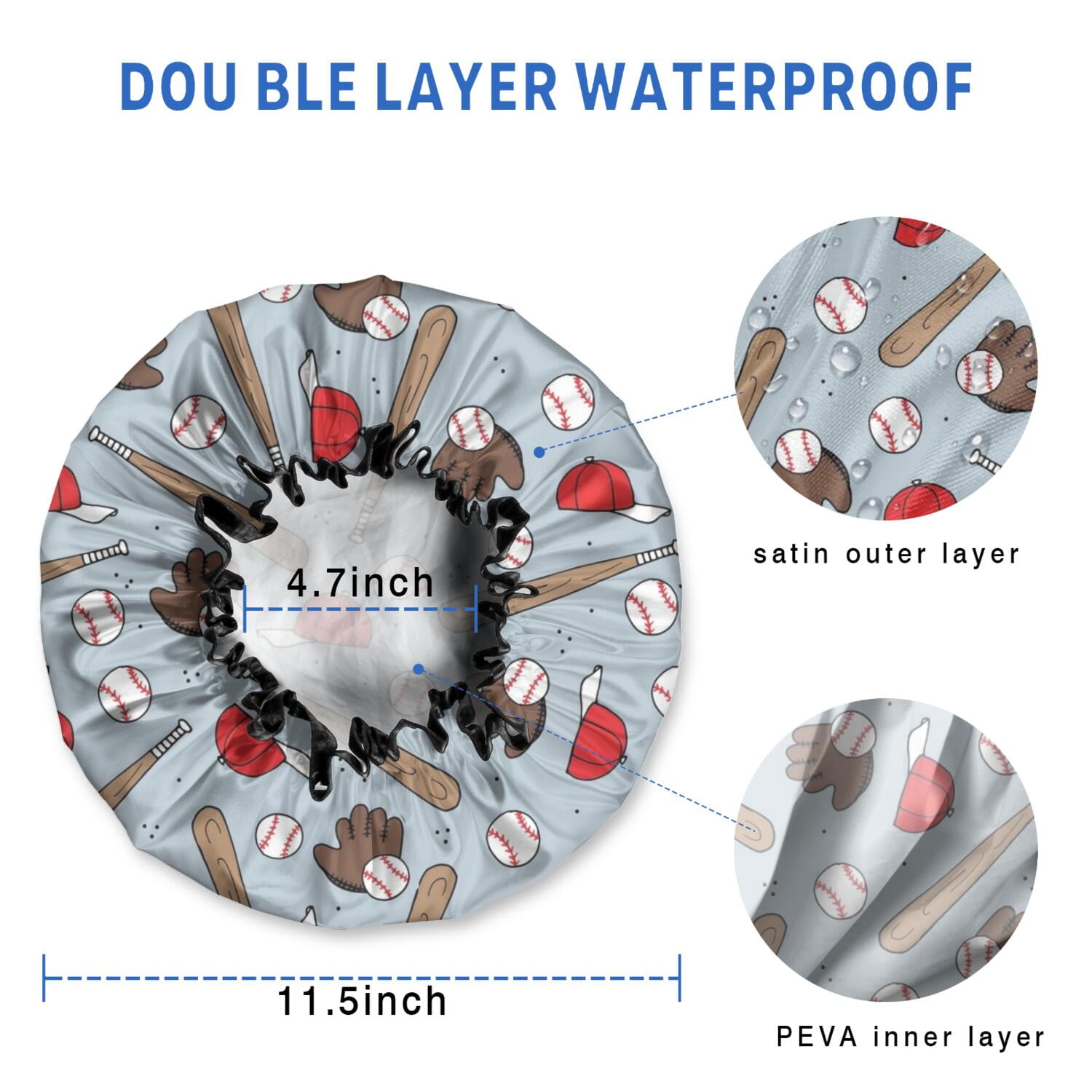 Shower Caps,Blue Baseball Gear Pattern Waterproof Shower Cap for Women 4 Pieces,Double Reusable Hair Cover for Shower PEVA Elastic Stretch Hem