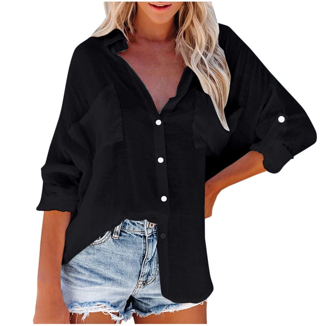 Timegard Womens Shirts Button down Tops Long Sleeve Lapel V Neck Blouse Fall Lightweight Shirts Tops