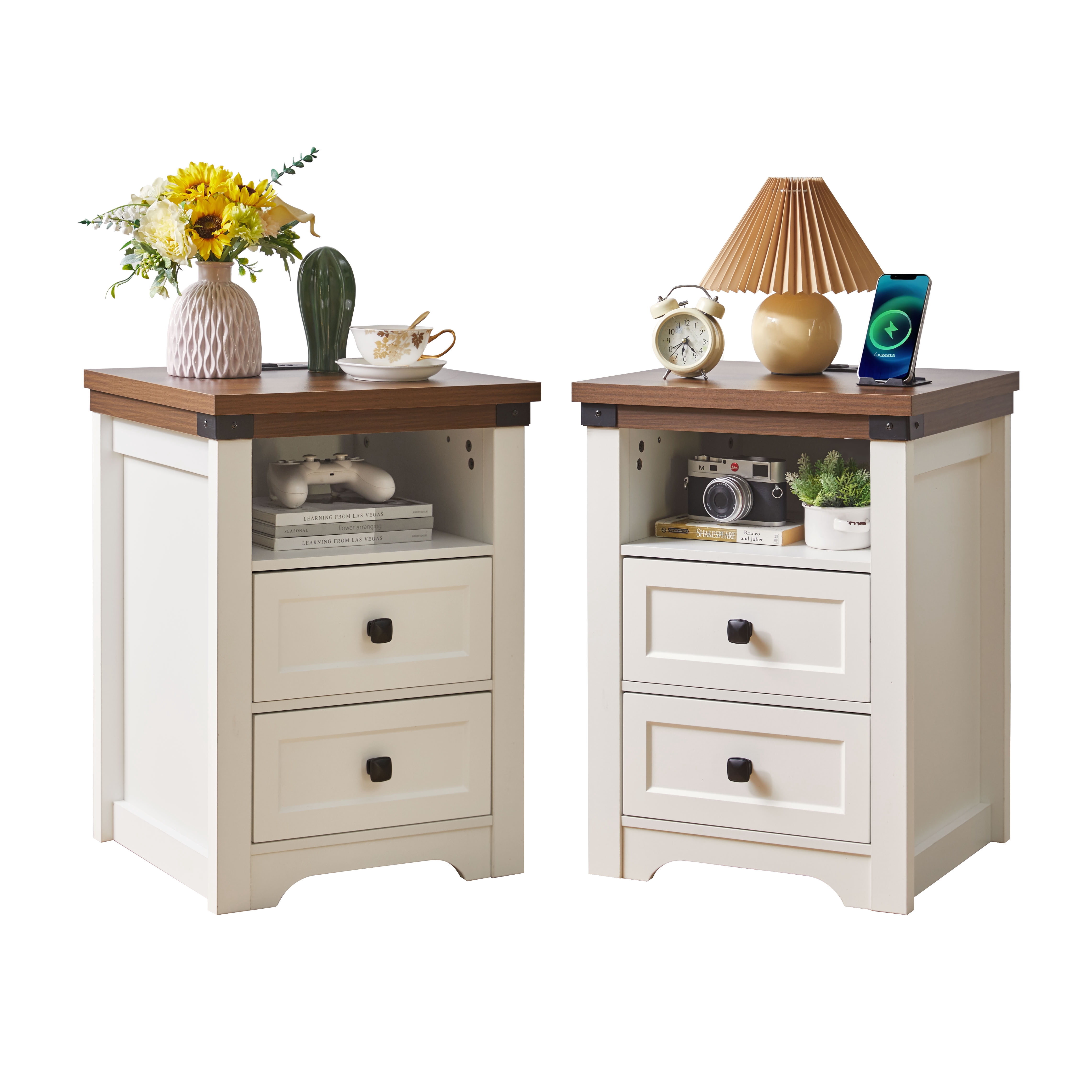 MAYEERTY Farmhouse Nightstand with Charging Station, 2 Drawers & Open Shelf, Wood Bedside End Table with USB Ports & AC Outlets for Bedroom Living Room Small Spaces