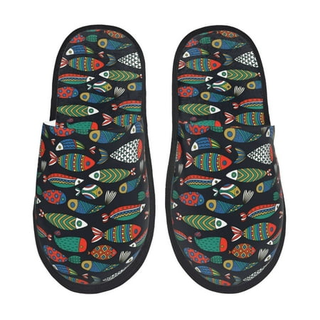 Balery Hand Drawn Colorful Fishes Slient Indoor Furry Fleece Comfort House Shoes Soft Non-Slip Home Shoes Cotton slippers House Slippers-- Medium