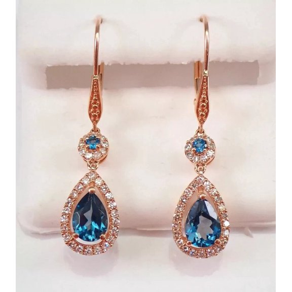 Rag Jewels 925 Sterling Silver 2.10 Ct Pear Cut Topaz & Diamond Drop Earring's 14K Rose Gold Plated For Women's