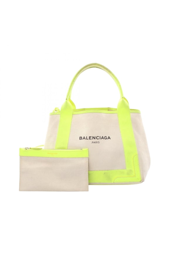 Pre-Owned Balenciaga Navy Cabas S Tote Bag Handbag Canvas Leather Women's White/Yellow 339933