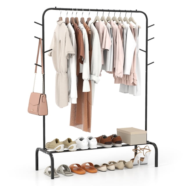 Gymax 50-Inch Wide Metal Garment Wardrobe Rack w/8 Hooks & Storage Shelf for Laundry