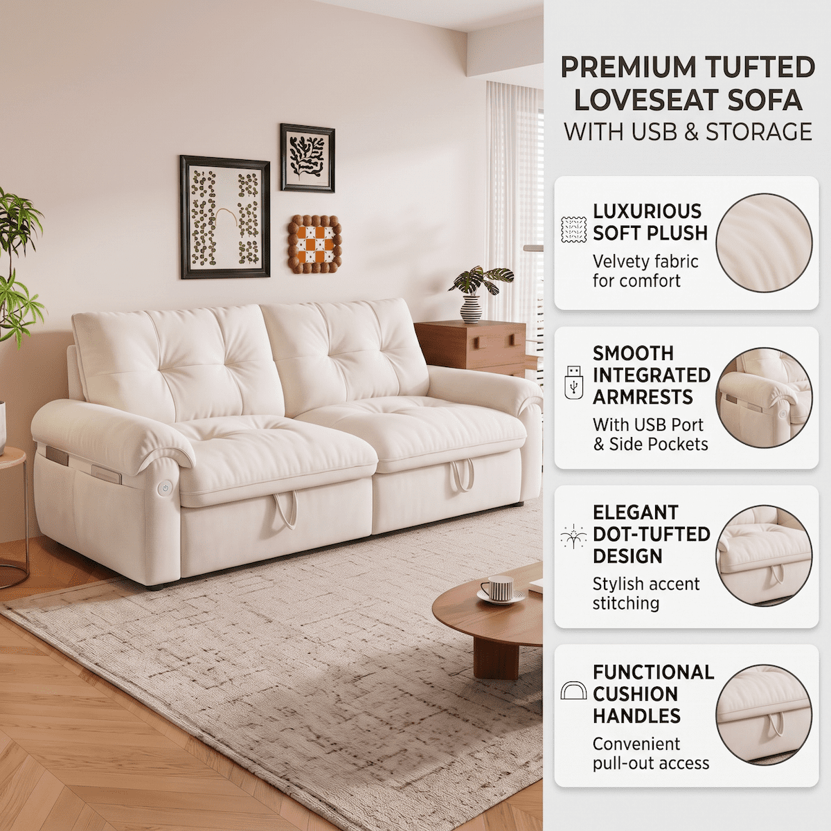 Xiweot Convertible Sleeper Sofa Bed, 77" Queen Size Pull Out Couch with Side Pocket, Adjustable Backrest & USB Ports, Comfy Velvet Loveseat for Living Room Apartment Small Space (Beige)
