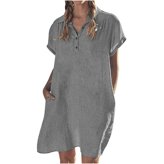 TIHLMK Summer Dresses for Women Women's Fashion Casual Cotton And Linen Short Sleeve Lapel Button Solid Color Dress Gift for Women