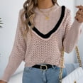 thumbnail image 7 of Women's Casual Color Block Openwork Knitted Sweater Basic Long-Sleeved Round Neck Loose Pullover Sweater Top, 7 of 7