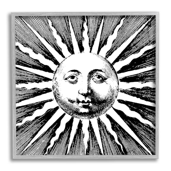 Stupell Industries Detailed Sun with Face Landscape Painting Gray Framed Art Print Wall Art, 12 x 12
