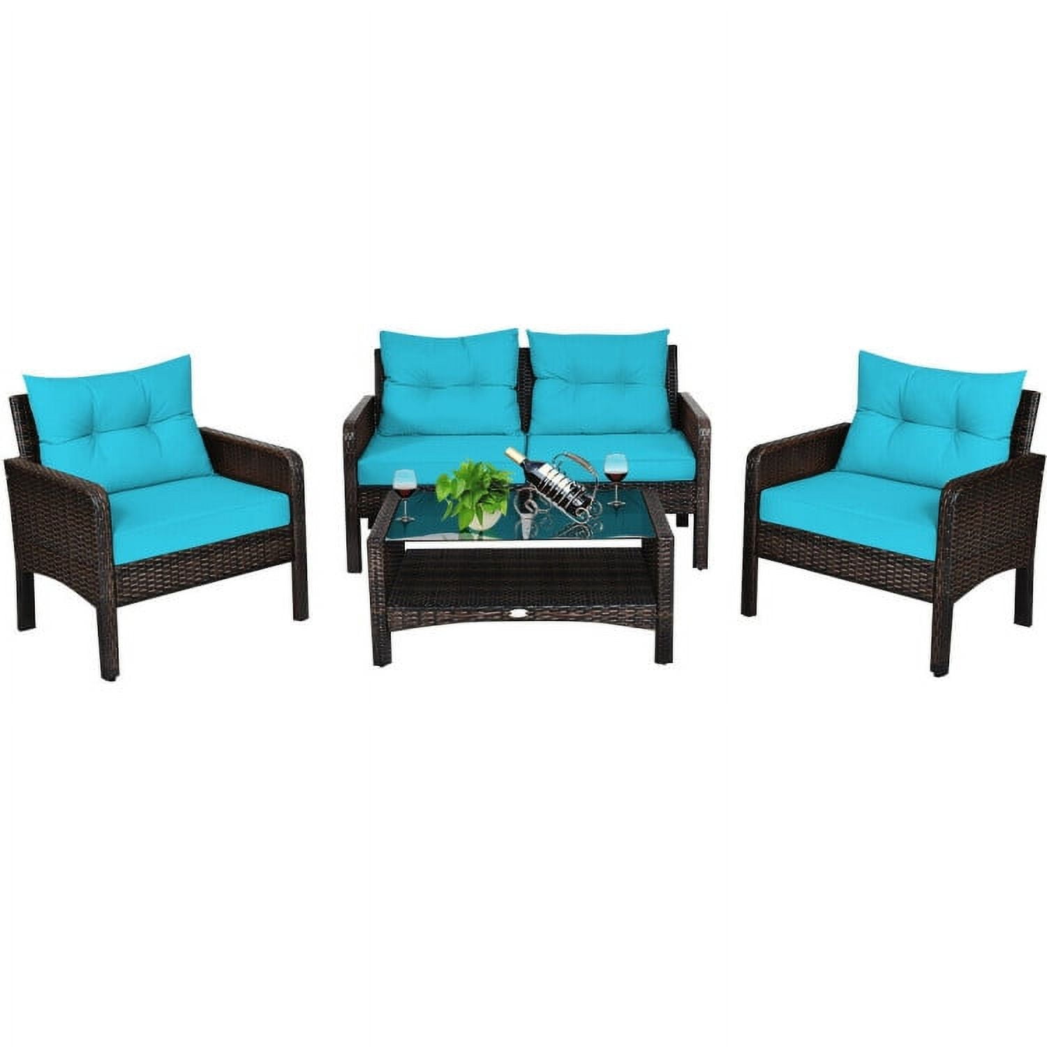 Aimee Lii 4 Pieces Outdoor Rattan Wicker Loveseat Furniture Set with Cushions, Small Patio Set, Turquoise Aimee Lii 4 Pieces Outdoor Rattan Wicker Loveseat Furniture Set with Cushions, Small Patio Set, Turquoise
