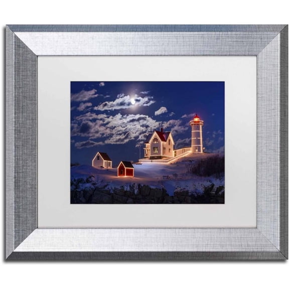 Trademark Fine Art 'Moon over Nubble' Canvas Art by Michael Blanchette Photography, White Matte, Silver Frame