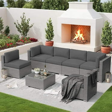 7-piece Outdoor Patio Grey Wicker Rattan Cushioned Sectional Sofa Conversation Set Grey
