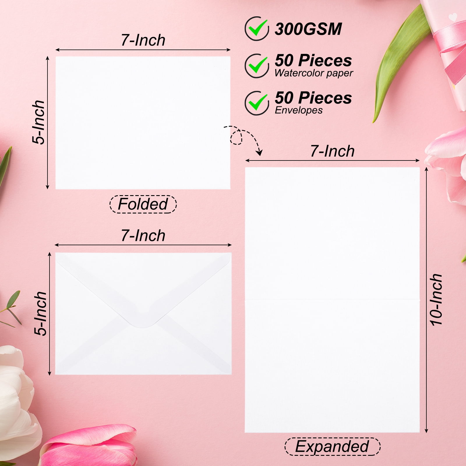 Unique Bargains Pure Cotton Watercolor Cards w Envelopes for Artists, Hobbyists 50 Sets