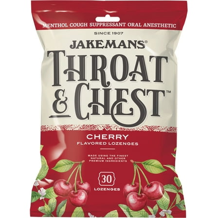 Jakemans Throat & Chest Soothing Cough Drops Cherry Flavor, 30 Count Bag