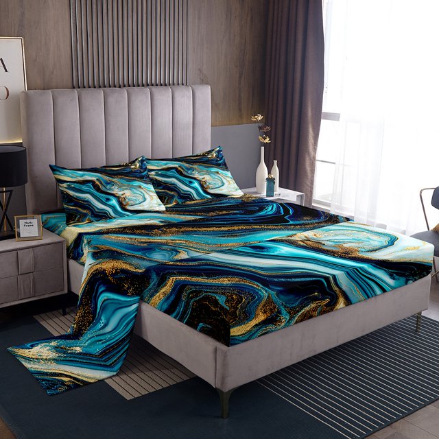 YST Blue Marble King Size Sheet Sets Teal Marbling Sheets, Abstract Aesthetic Bed Set Watercolor Stone Pattern Bed Sheets Set, Gold Metallic Sequins Fitted Sheet 4pcs with 2 Pillow Case