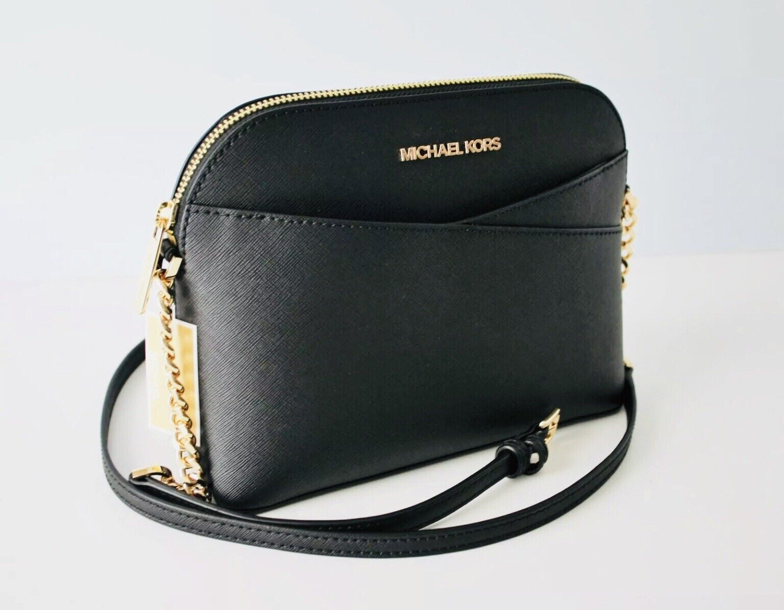 Michael Kors Jet Set Travel Medium Leather X Cross Dome Crossbody Handbag (Black Solid/Gold)