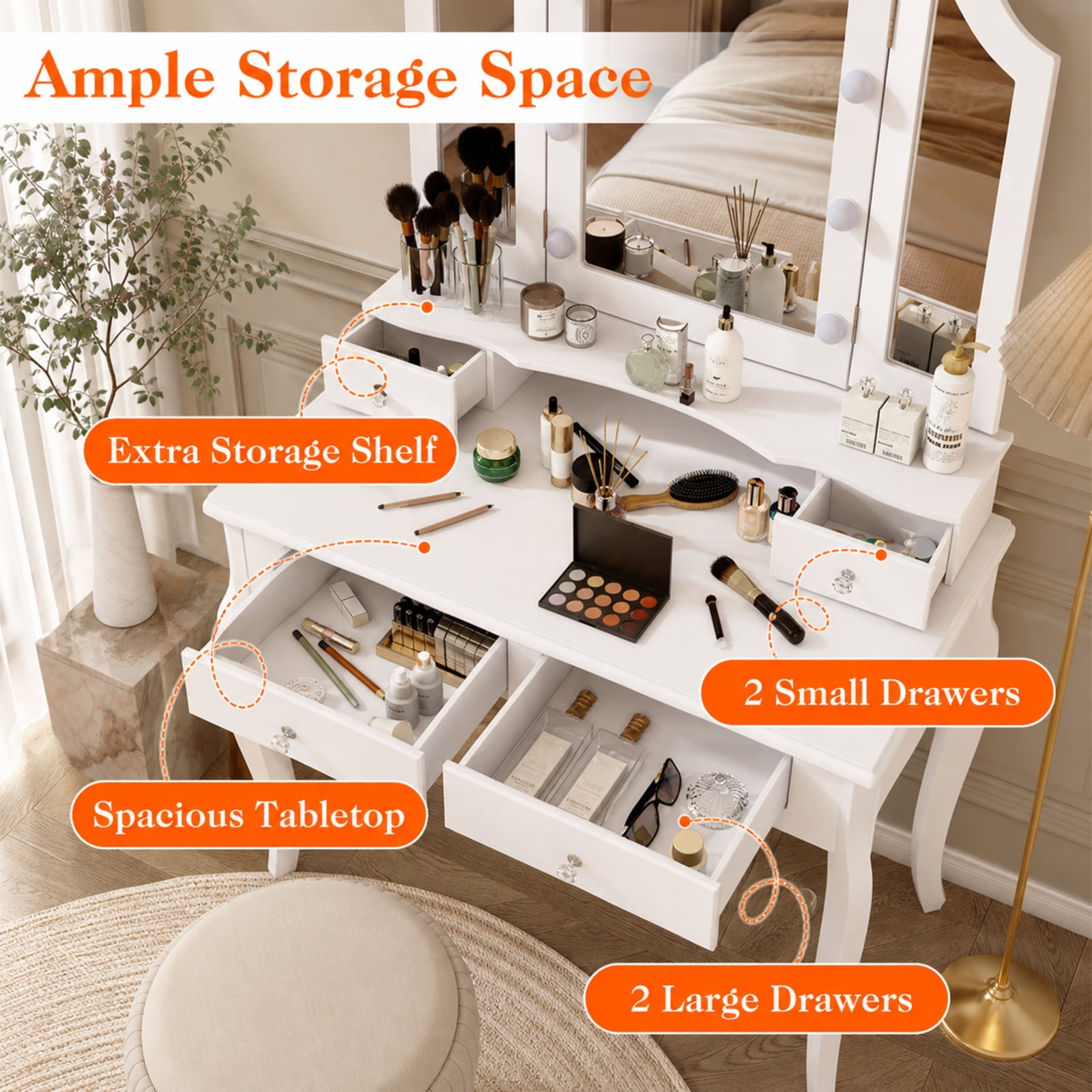 Furnibear Makeup Vanity Table Set with Lighted Mirror and Drawers for Bedroom Makeup Dressing Room Vanity Desk Mirror Set, White