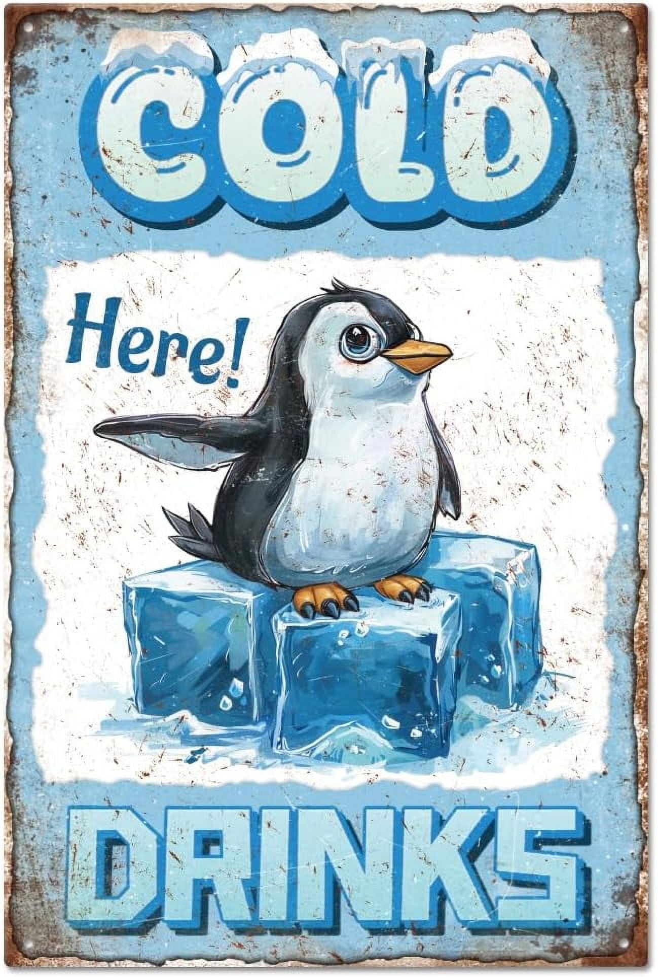 "Cold Drinks" Tin Sign Penguin Ice Block Metal Tin Sign Vintage Metal Tin Sign 128inch Funny Wall Decor Tin Signs for Home Farm Bar Coffee Shop Club Decoration