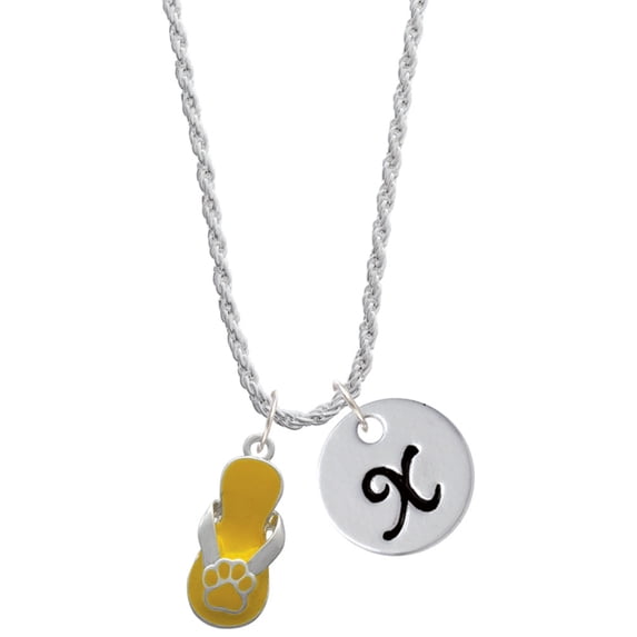 Delight Jewelry Silvertone Yellow Paw Flip Flop Silvertone Script Initial Disc - X - Charm Necklace, 20"+3"