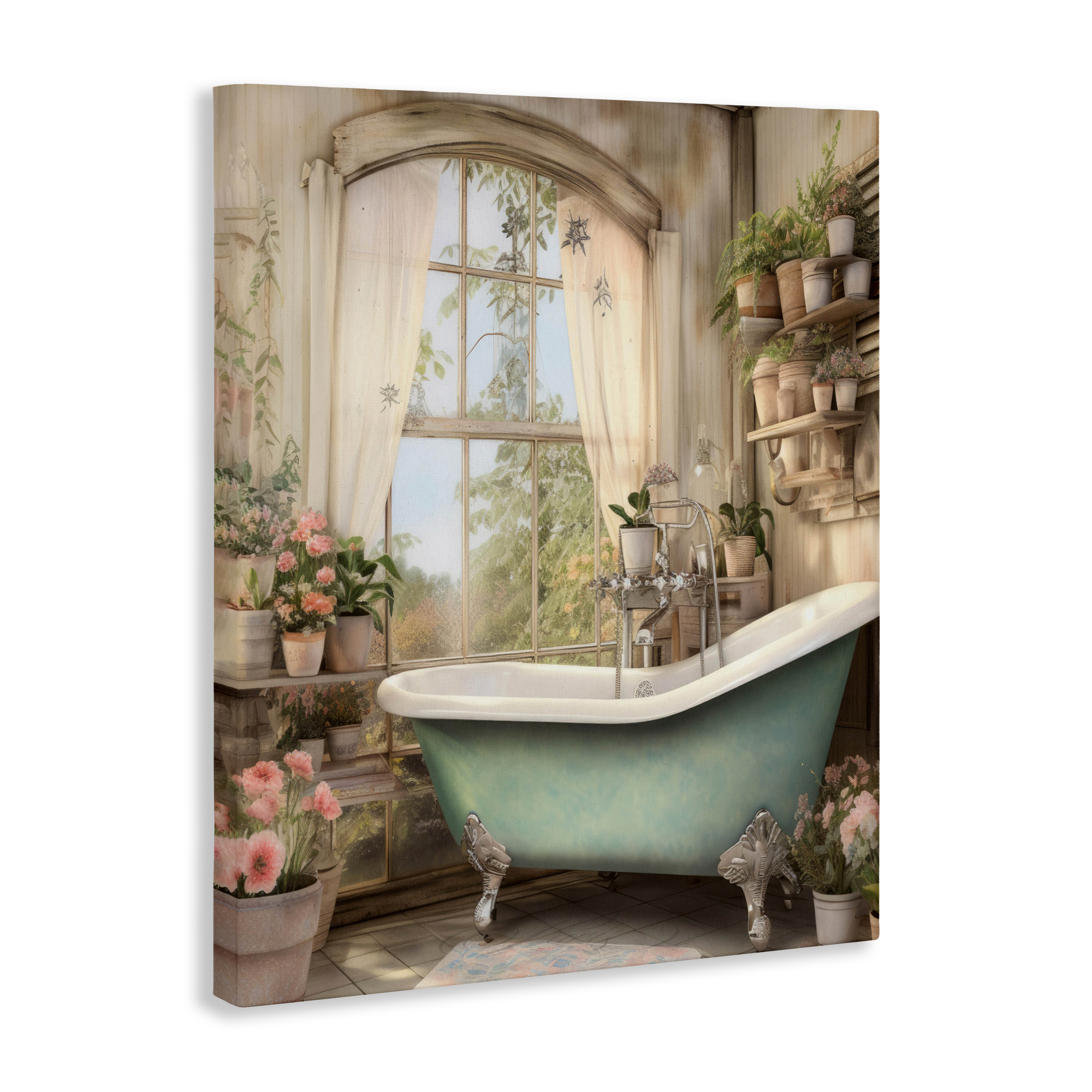 Bathroom with Floral Filled Shelves Canvas Wall Art, design by Lettered and Lined