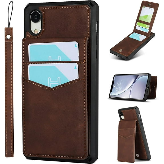 for iPhone XR Wallet Case with RFID Blocking Card Holder,PU Leather Magnetic Buttons Portrait Stand with 6 Card Slots Flip Wrist Strap Case for iPhone XR 6.1 Inch,Brown