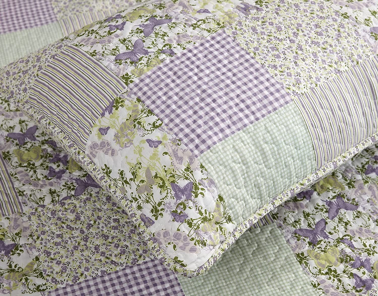 Chezmoi Collection Daisy 3-Piece Printed Patchwork Quilt Set, Purple Butterfly Botanical Candy Stripe Checkered Coverlet, Pre-Washed Microfiber Lightweight Reversible Bedspread, Oversized King Size