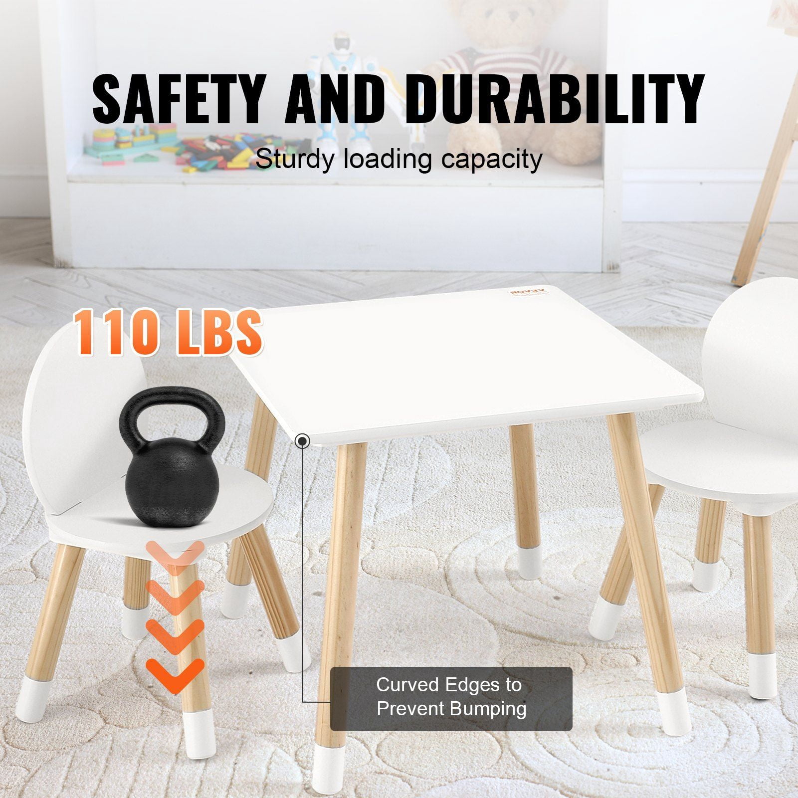 Kids Table and 2 Chairs Set for Ages 2–8, Solid Wood Legs, Curved Edge Design, Easy-to-Clean Surface, Multi-Activity Toddler Table for Drawing, Reading, Crafting, Playroom or Daycare Use