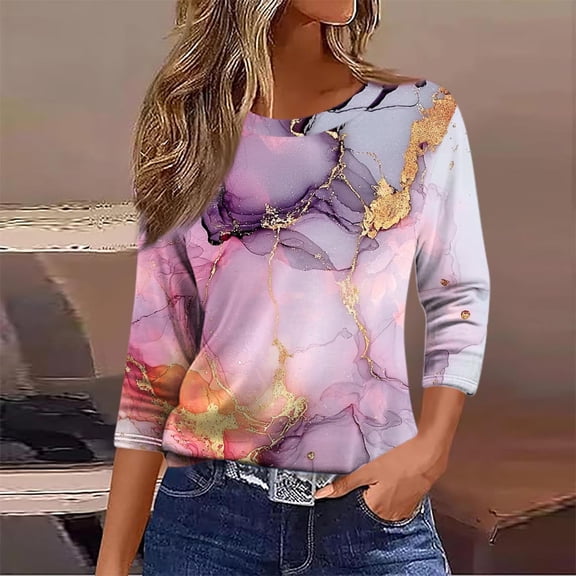 Jsaierl Women's 3/4 Length Sleeve Tops Summer Round Neck Shirts Boho Print Petite Blouses Flowy Dressy T-shirts Top S-5XL