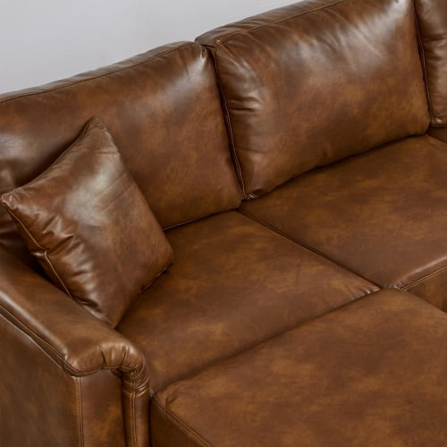 120" U-Shaped Sectional Sofa with 2 Removable Storage Ottomans, Faux Leather Couch, Breathable PU Leather, Solid Wood Frame, Vintage Brown