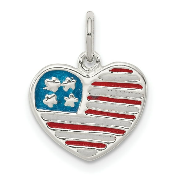 Sterling Silver Polished Enamel American Flag Heart Pendant QC8638