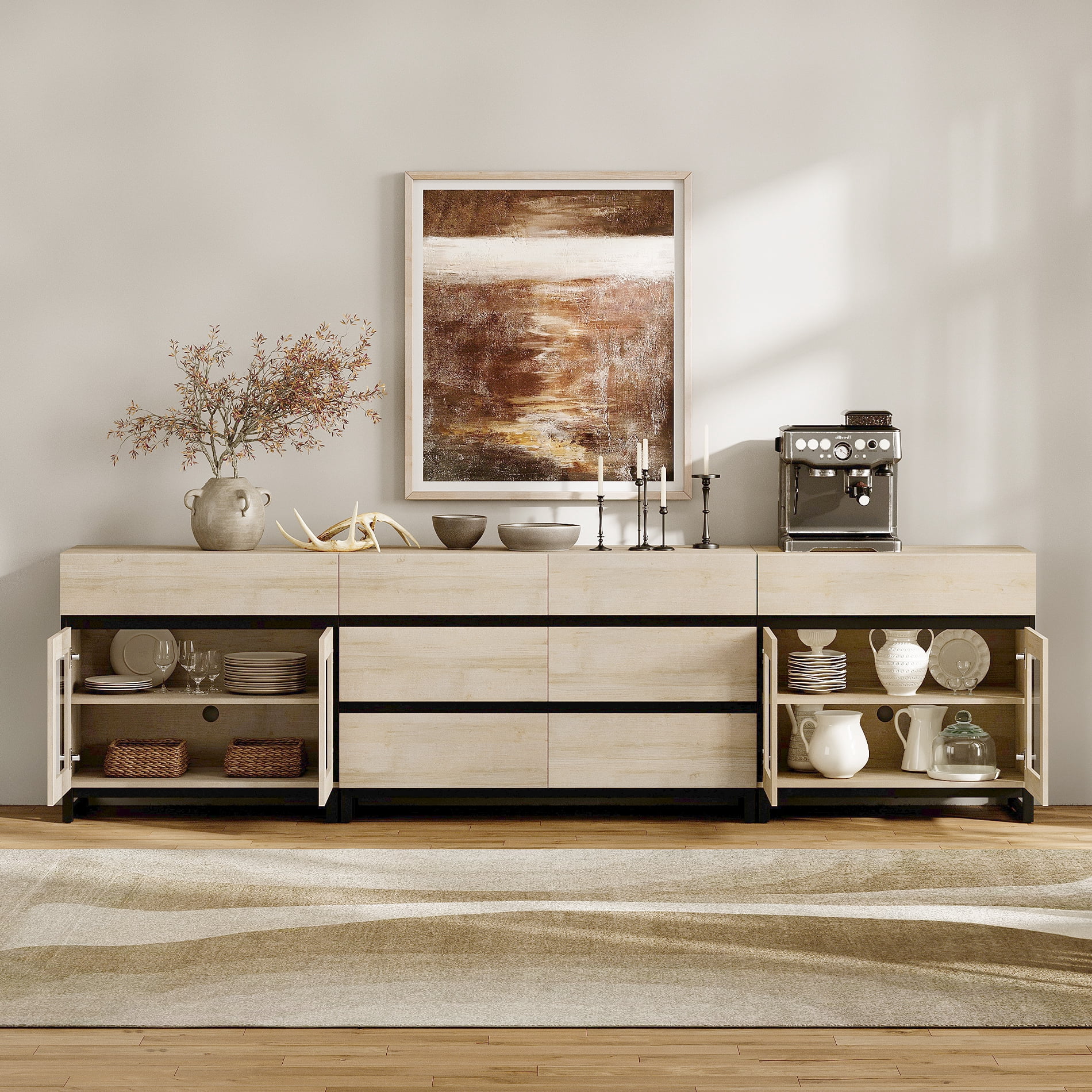 Modern Sideboard with Adjustable Shelves and 8 Drawers, 3 in 1 Storage Cabinet with Glass Doors, Coffee Bar Cabinet for Living Room, Kitchen, Beige