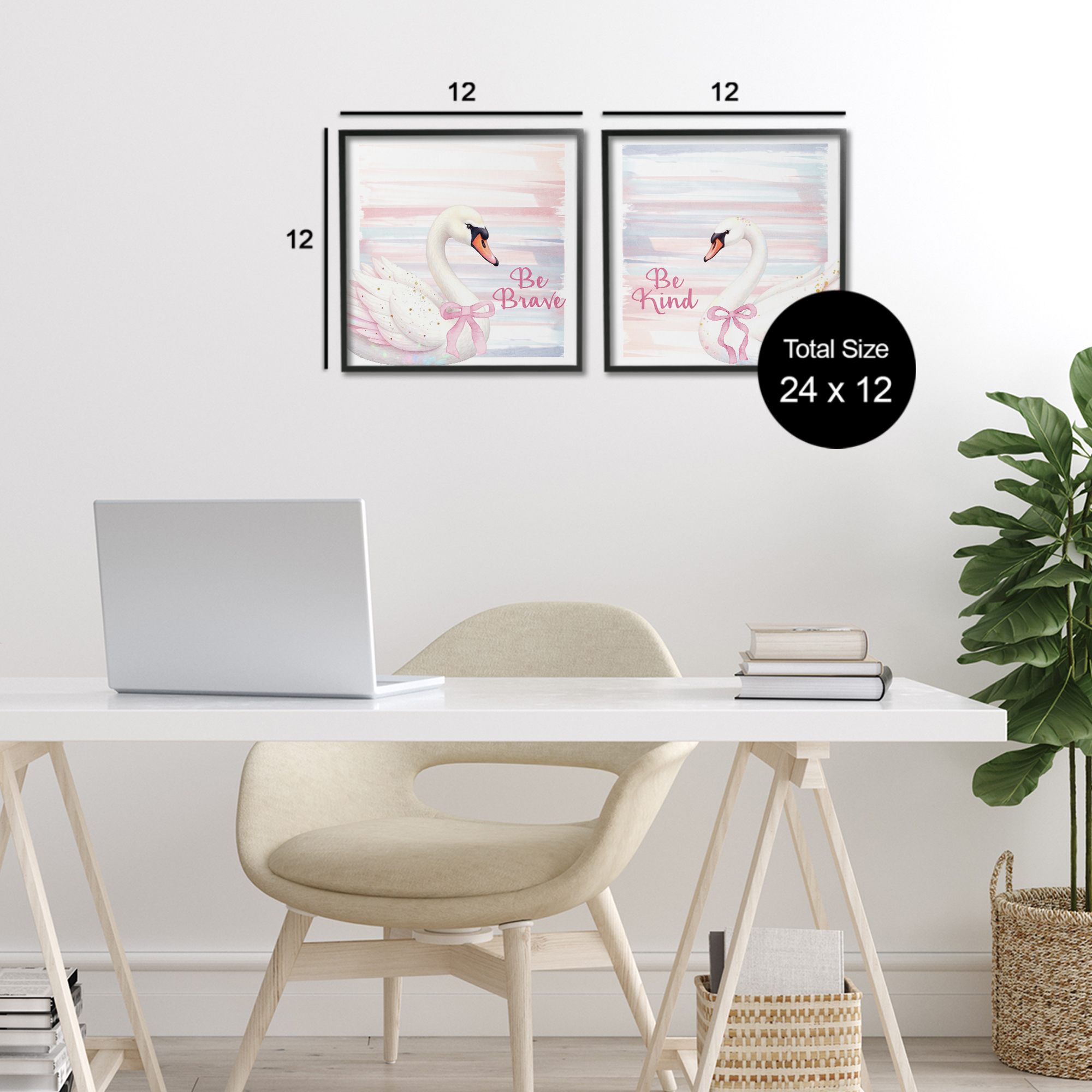 Be Brave & Kind Pastel Swan 2 Piece Black Framed Giclee Art Set, design by Kim Allen