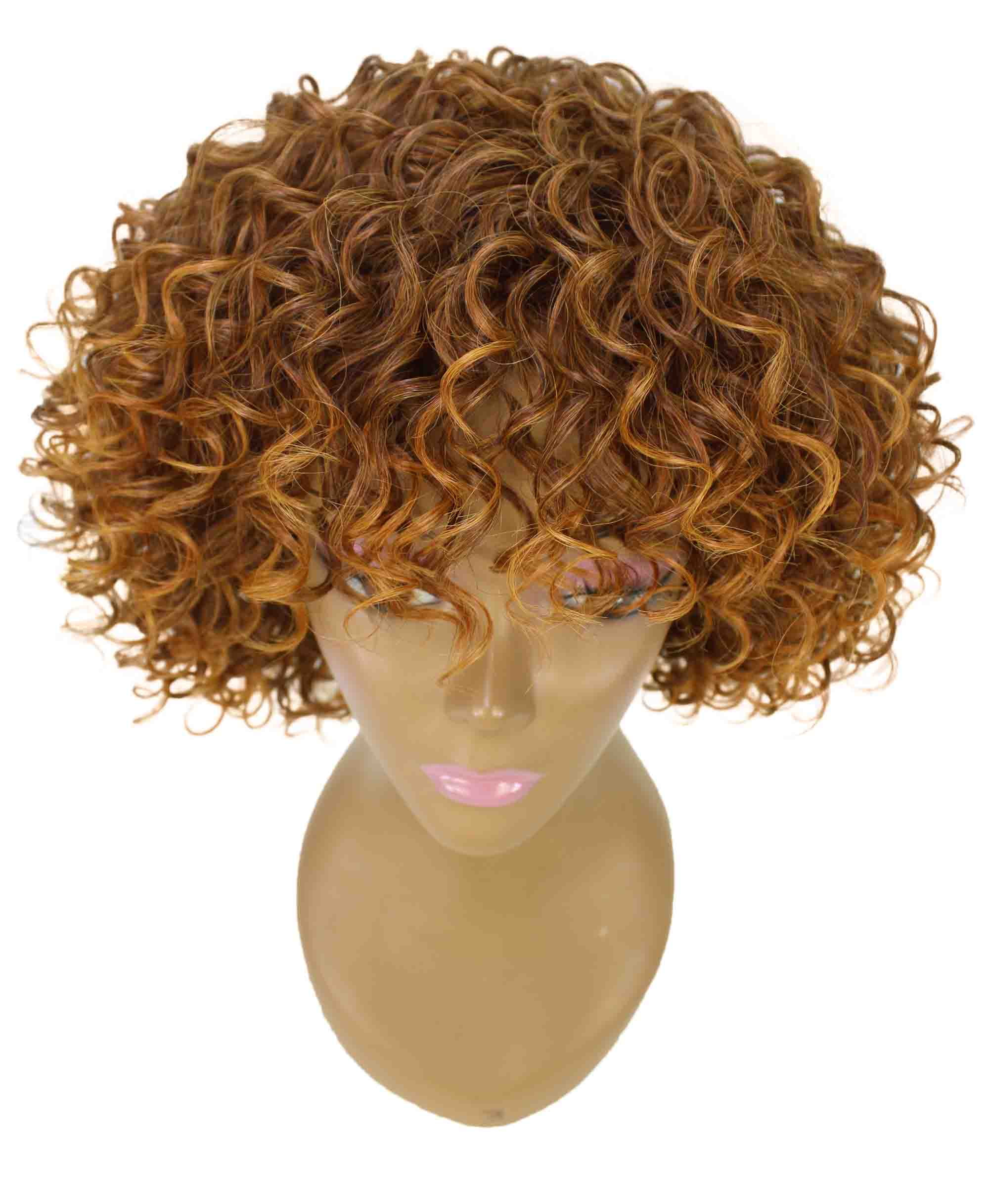 LUXLUXE Gabrielle Curly Pixie 11.5 in Long Full Wig No Lace Wig, Heat Resistant Fibers, Brown to Copper Highlights