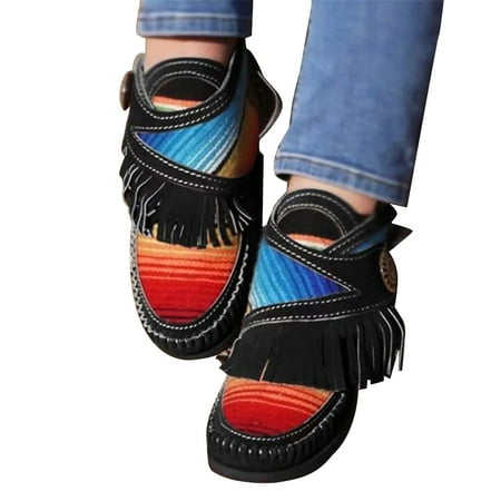 

Cowgirl Synthetic Leather Moccasins Soft Sole Fringed Retro Flat Women Ankle Boots Shoes