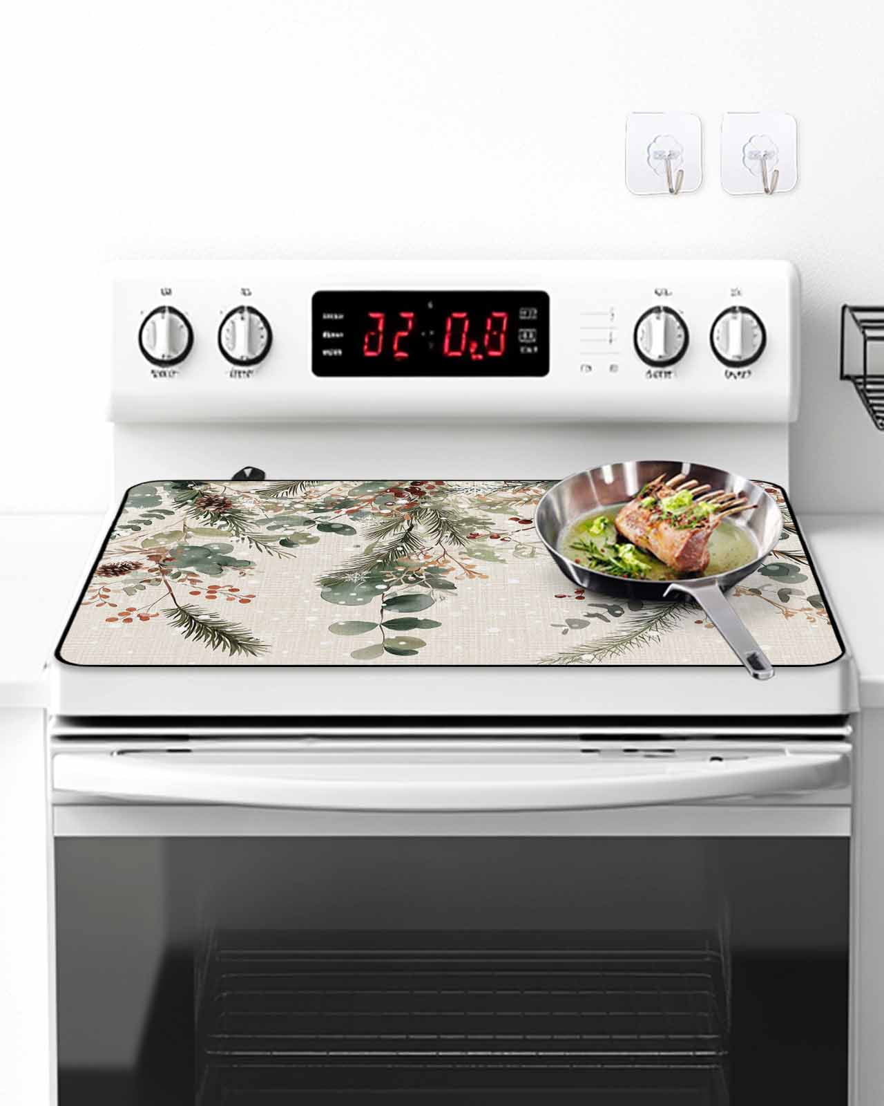 Stove Top Covers for Electric Stove, Christmas Kitchen Glass Ceramic Electric Cooktop Covers 28.5''x20.5'', Xmas Botanical Pinecone Eucalyptus Leaves Rustic HeatResistant Oven/Countertop Protector
