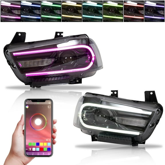 Ikon Motorsports Projector Headlights Compatible With 2011-2014 Dodge Charger, LED DRL Daytime Running Lights Left Right Side Sequential Turn Signal Lamps Dual Beam Lens with 8 Colors