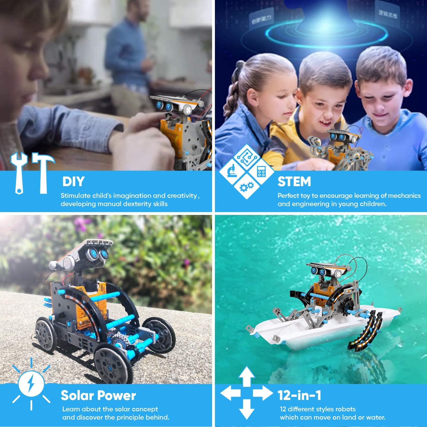 Robot Solaire Kit Construction 12-en-1 STEM - 190 Pièces, Jouet éducatif Enfant 8 Ans Et Plus
