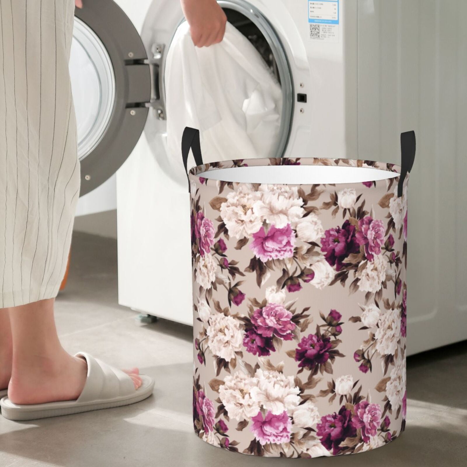 Large Laundry Basket with Handles - White Purple Rose Flowers Kids Baby Dirty Clothes Laundry Hamper for Bedroom Aesthetic