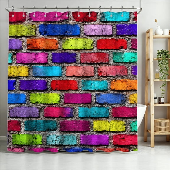 ARTSLION Shower Curtain Navy Blue Geometric Water Repellent Shower Curtain Set, With Hooks，Machine Washable, Modern Decorative Polyester Cloth Shower Curtains For Bathroom,36"x72",Rainbow Brick Wall