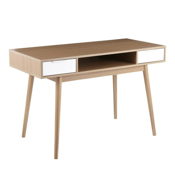 Pebble Contemporary Double Desk In Natural Wood With White Wood Drawers